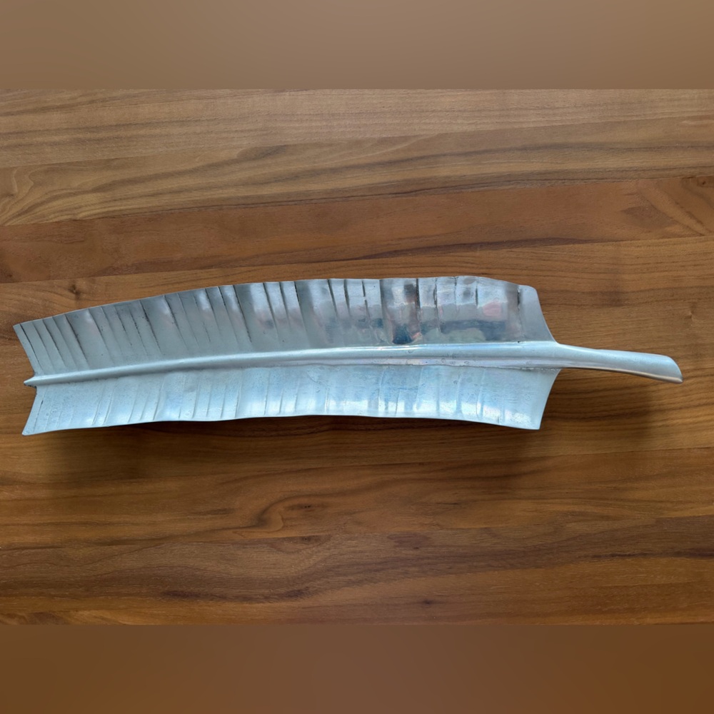 Silver Leaf-Shaped Decorative Footed Tray. Re-purposed aluminum. 23” x 5”.